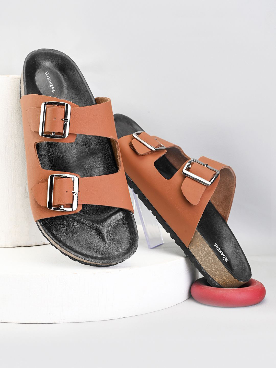 Woakers Men Tan Leather Comfort Sandals with Buckle