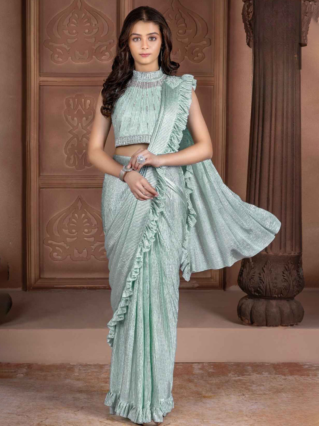 Lagorii Girls Ruffled And Sequined Lehenga choli Green