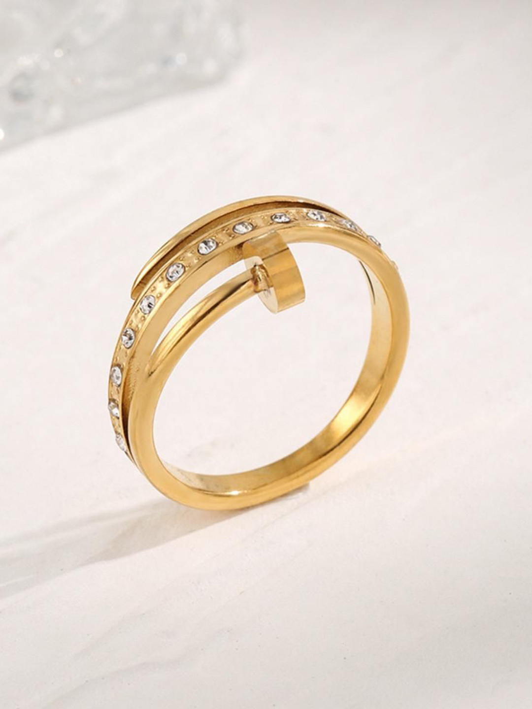 MYKI Stunning Stainless Steel Gold-Plated Stones-Studded Finger Ring