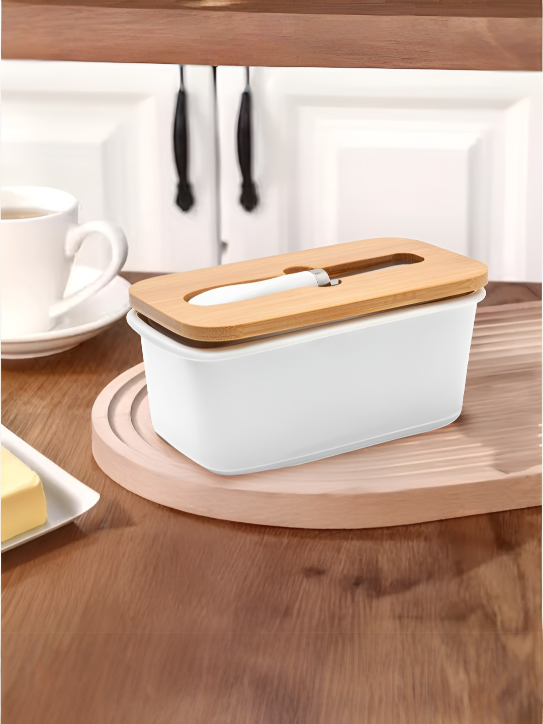 The Better Home White & Brown Ceramic Butter Dish With Bamboo Lid & Knife