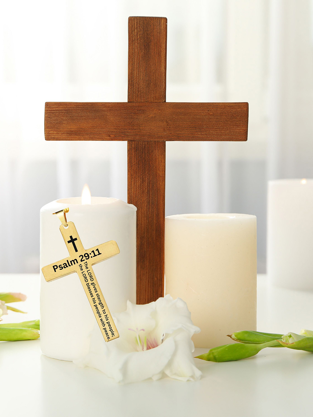 M Men Style Stainless Steel Gold-Plated Bible Verse Cross Geometric Pendant