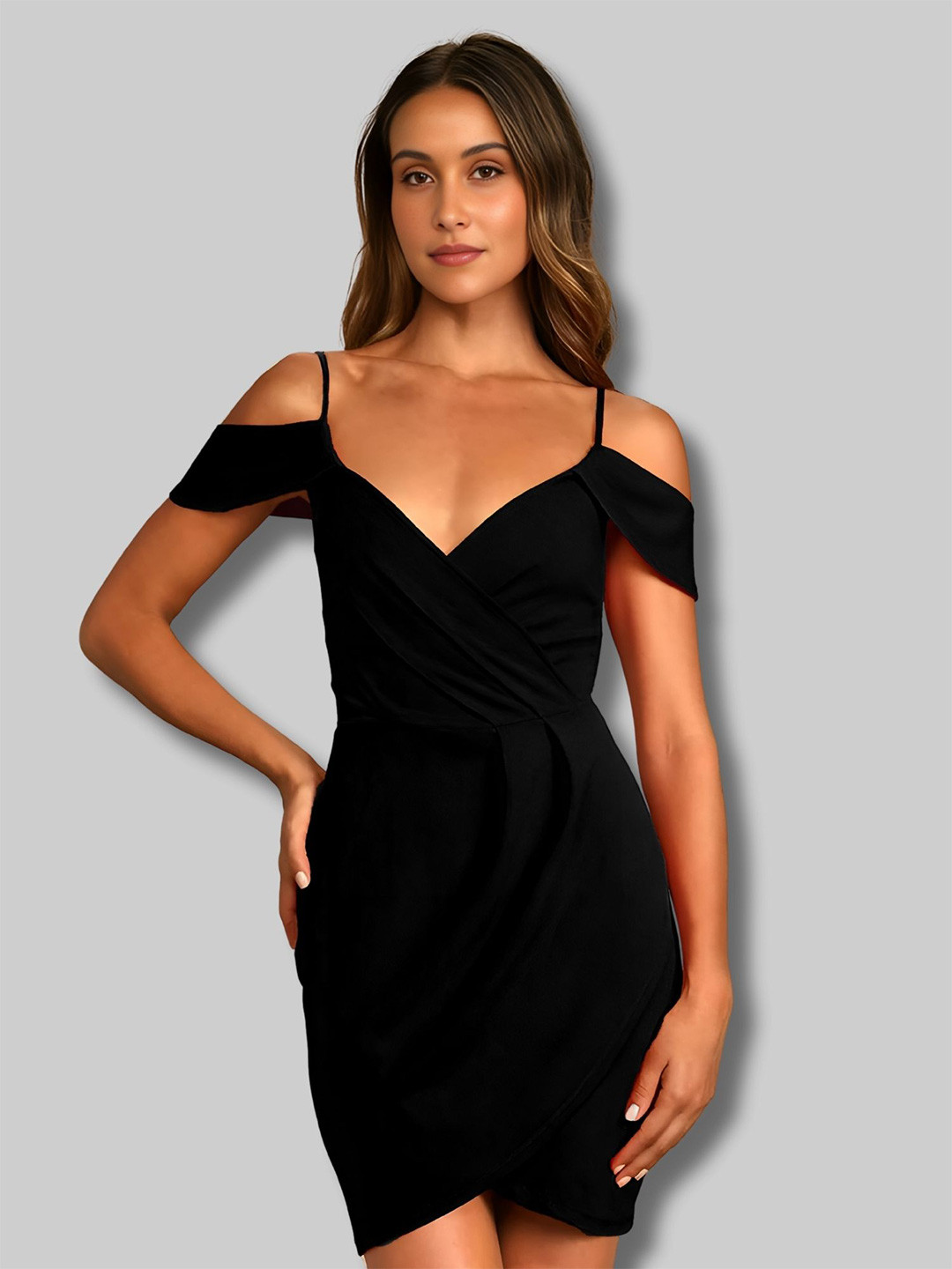 Zelzis Women's Black Shoulder Strap Versatile Above Knee Tulip Crepe Bodycon Dress