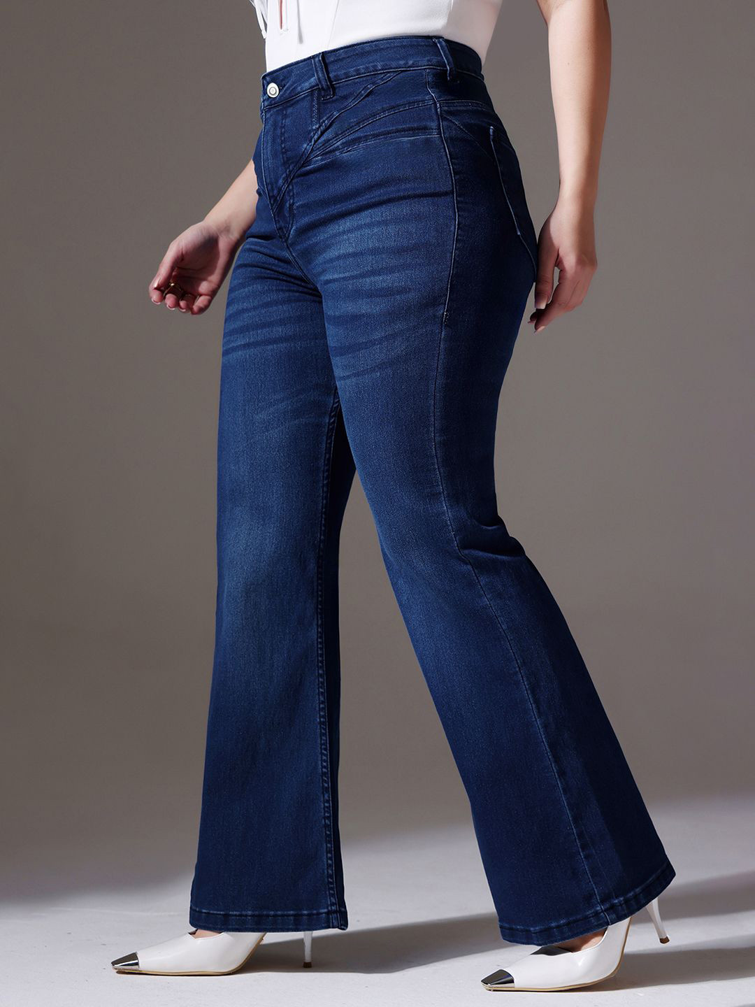 Miss Chase A+ Women Plus Size Bootcut High Rise Light Fade Whiskers And Chevrons Stretchable Jeans
