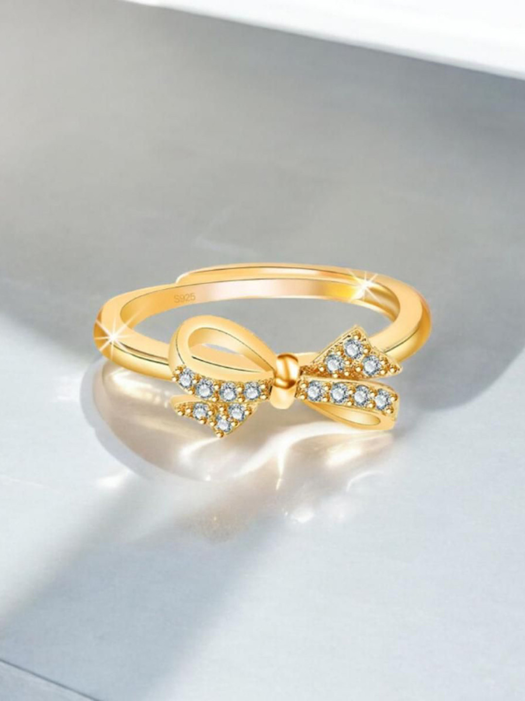 MYKI Picturesque Stainless Steel Gold-Plated Stones-Studded Adjustable Finger Ring