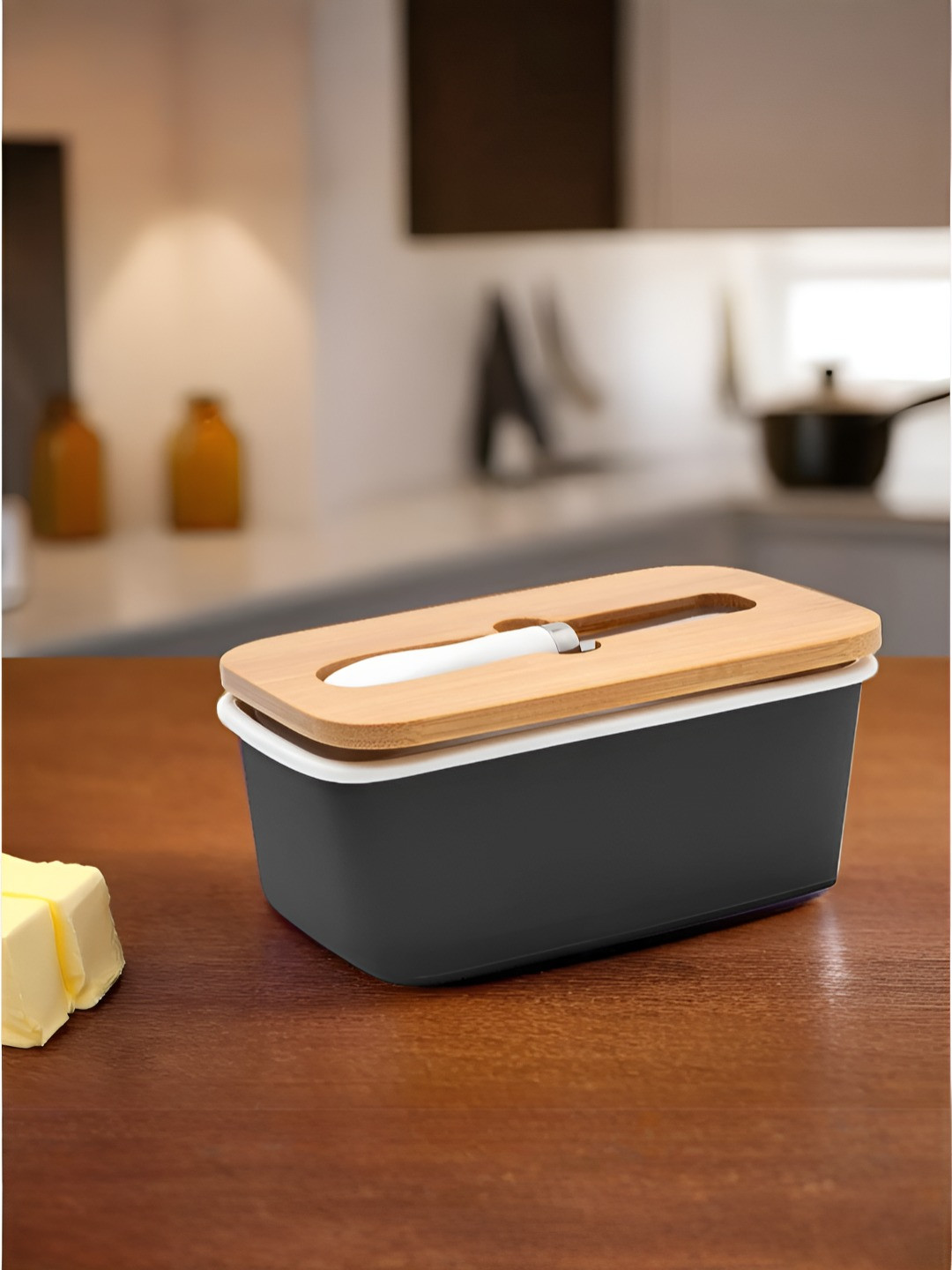 The Better Home Brown & Black Ceramic Butter Dish With Bamboo Lid & Knife