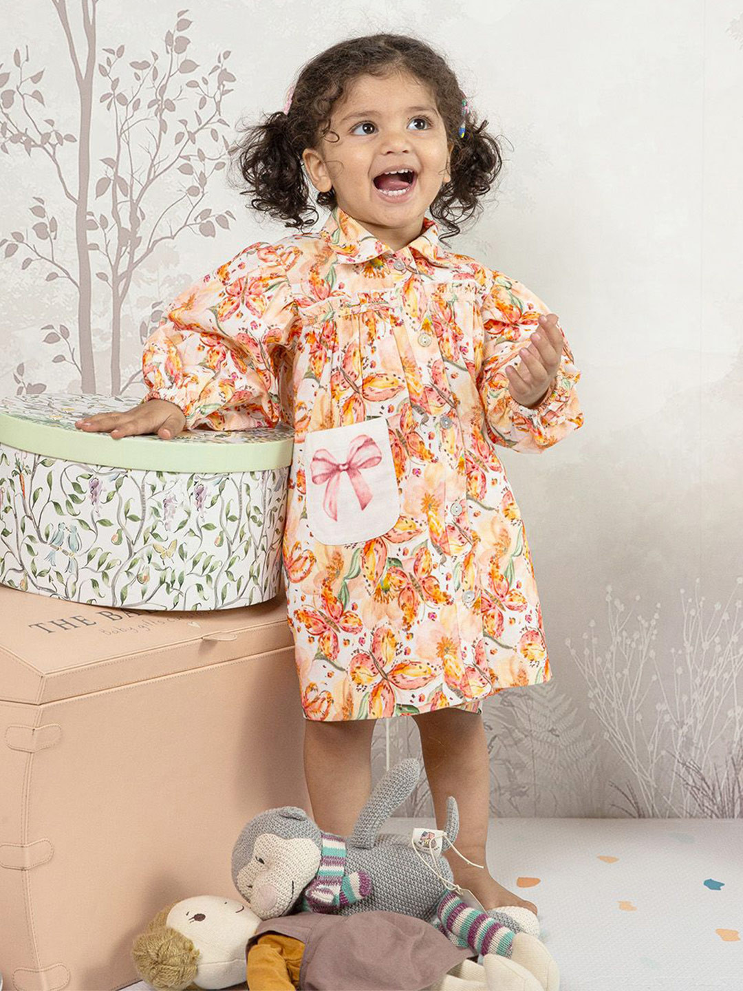 THE BABY TRUNK Baby Girl Orange Printed Shirt Dress