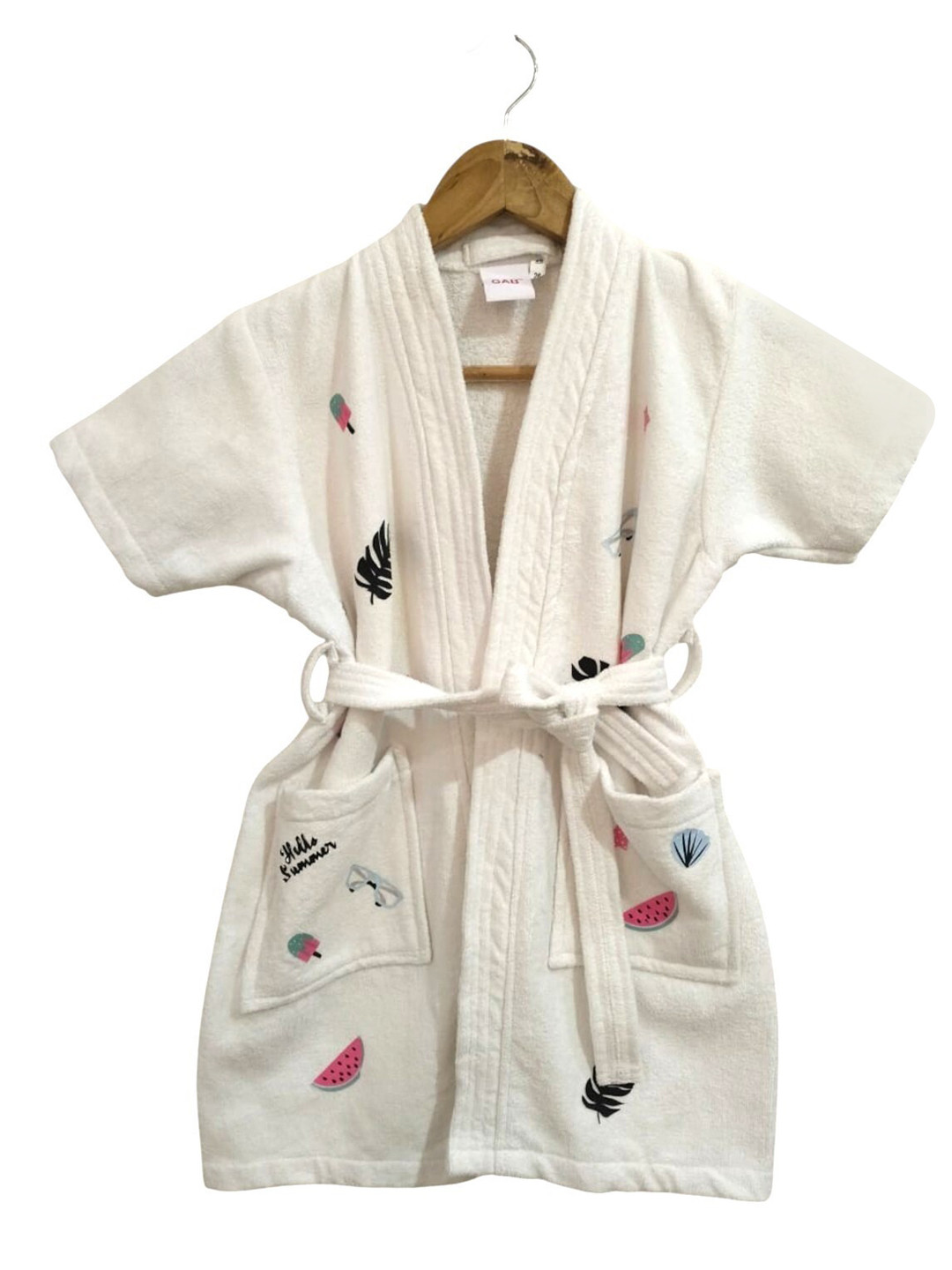 GAB Shawl White Conversational Cotton Drawstring Mini Bath Robe