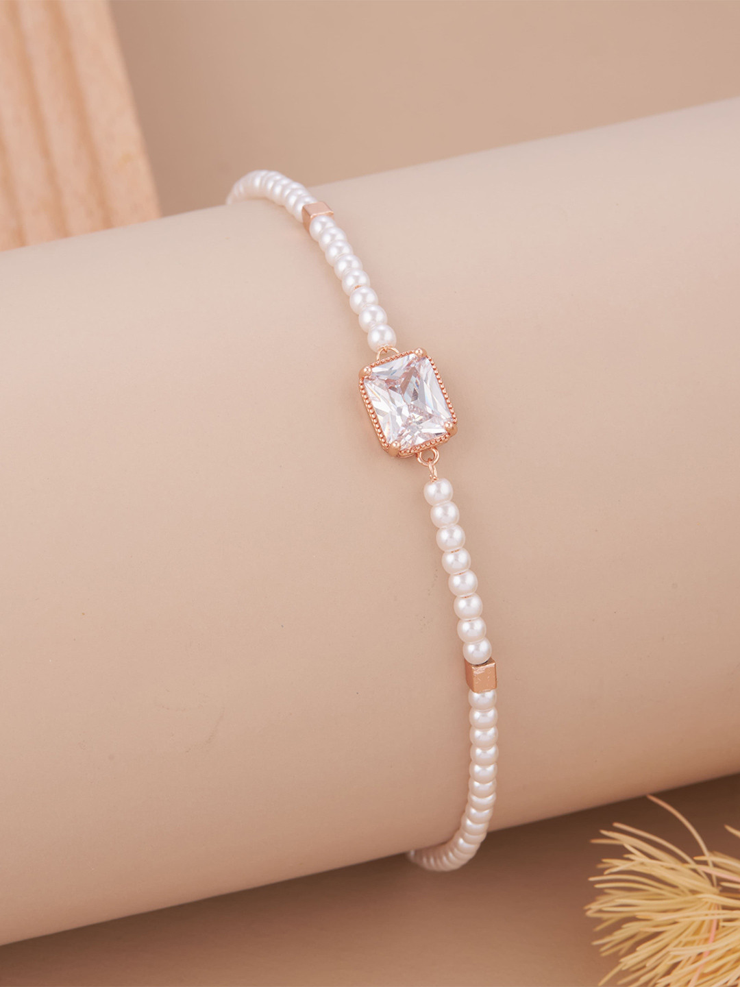 GC Jewelery Stainless Steel Rose Gold-Plated AD Studded & Pearl Beaded Wraparound Bracelet