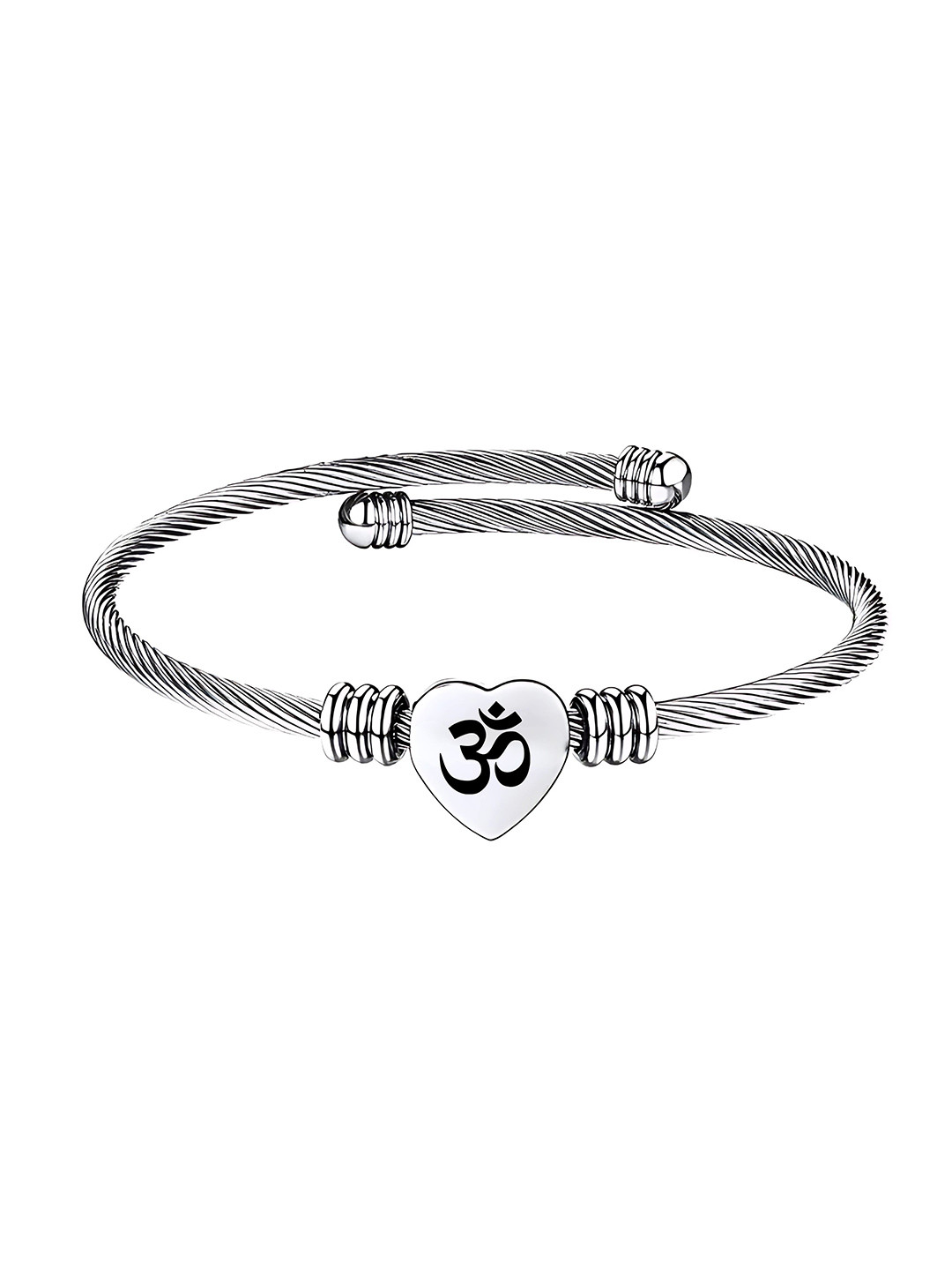 M Men Style Men Stainless Steel Silver-Plated Heart Om Kada Bracelet