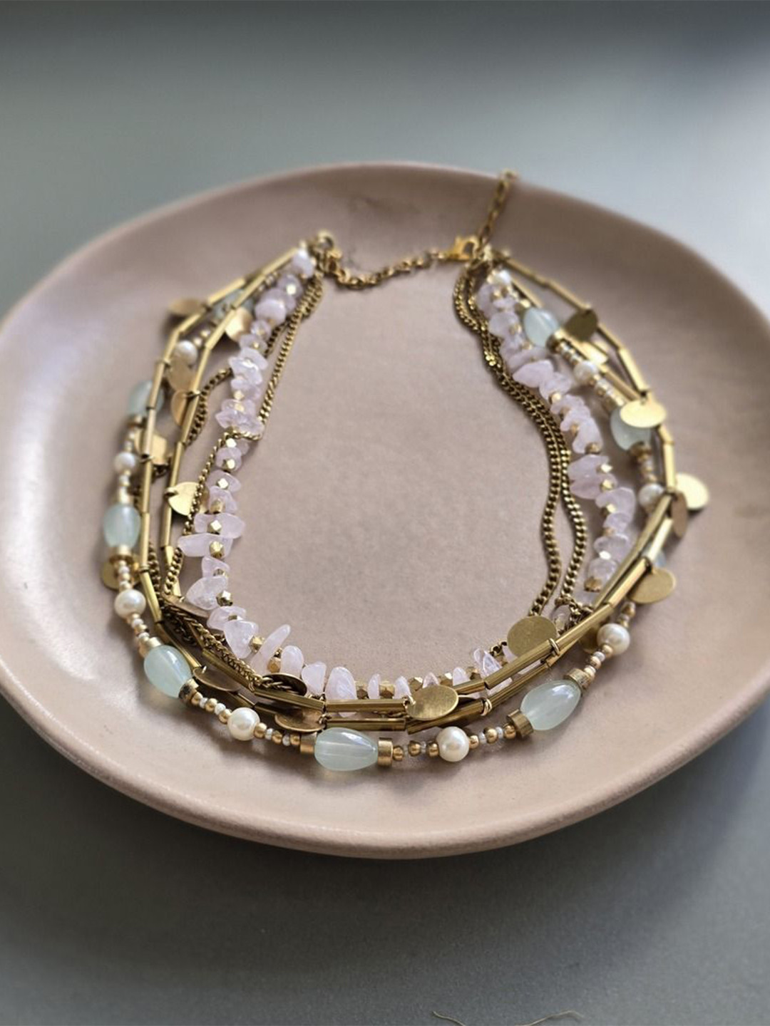 Studio Anviksha Rose quartz layered statement necklace