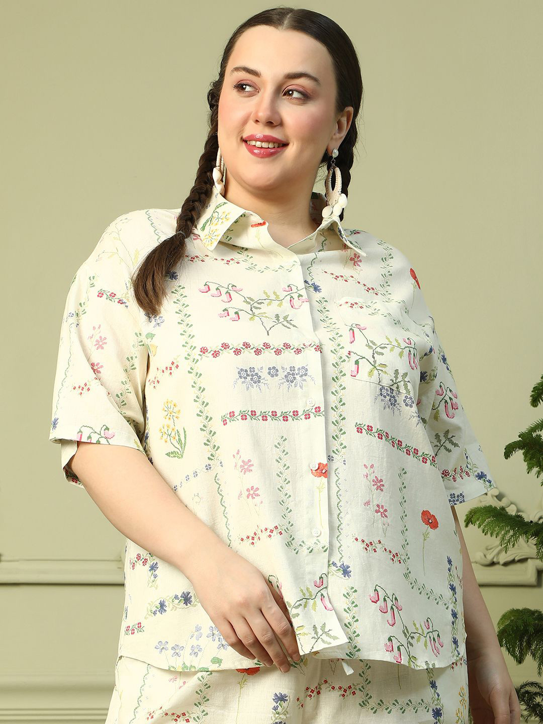 Oxolloxo Plus Size Floral Print Collared Button Down Short Sleeve Cotton Linen Shirt