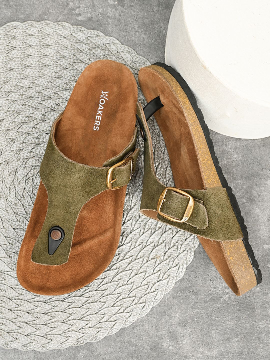 Woakers Men Green Leather Comfort Sandals with Buckle