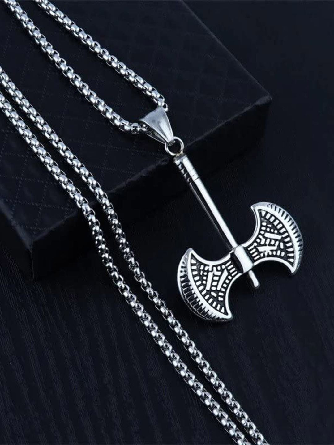 VAGHBHATT Men Stainless Steel  Silver-Plated Double Sided Axe Pendant With Chain