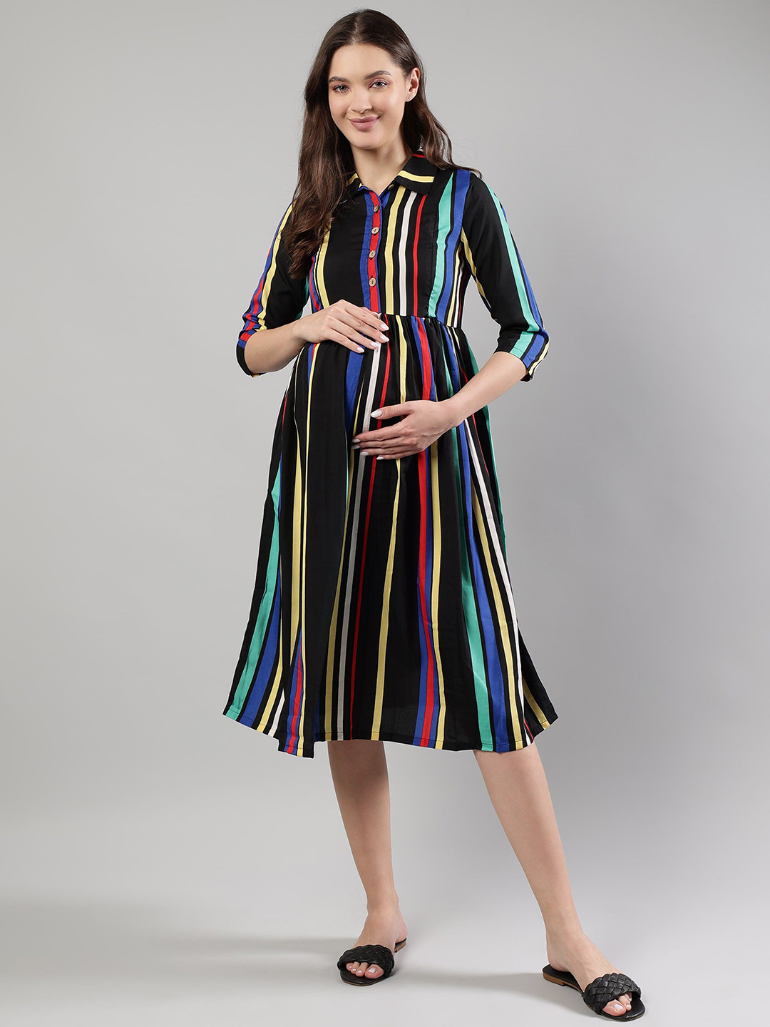 Cot'N Soft Striped Maternity Gathered or Pleated Fit & Flare Cotton Midi Dress