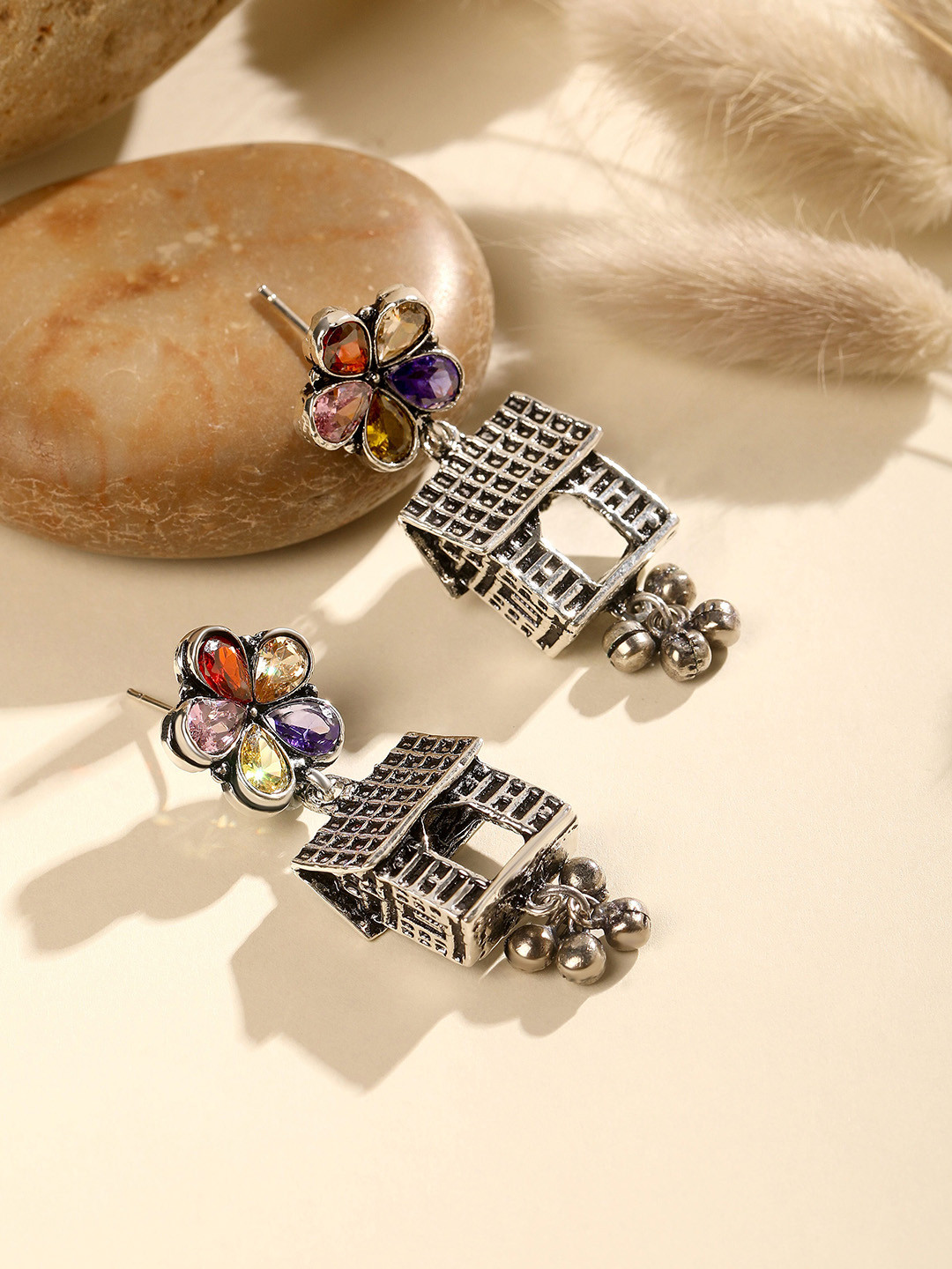 ASMITTA JEWELLERY Silver-Plated AD Studded House Shaped Oxidised Drop Earrings