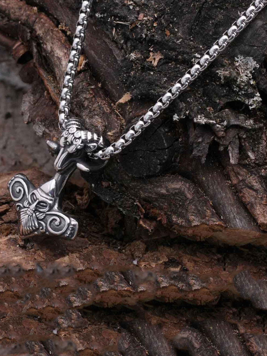 M Men Style Silver-Plated Biker Mythology Ram Thor's Hammera Pendant With Chain