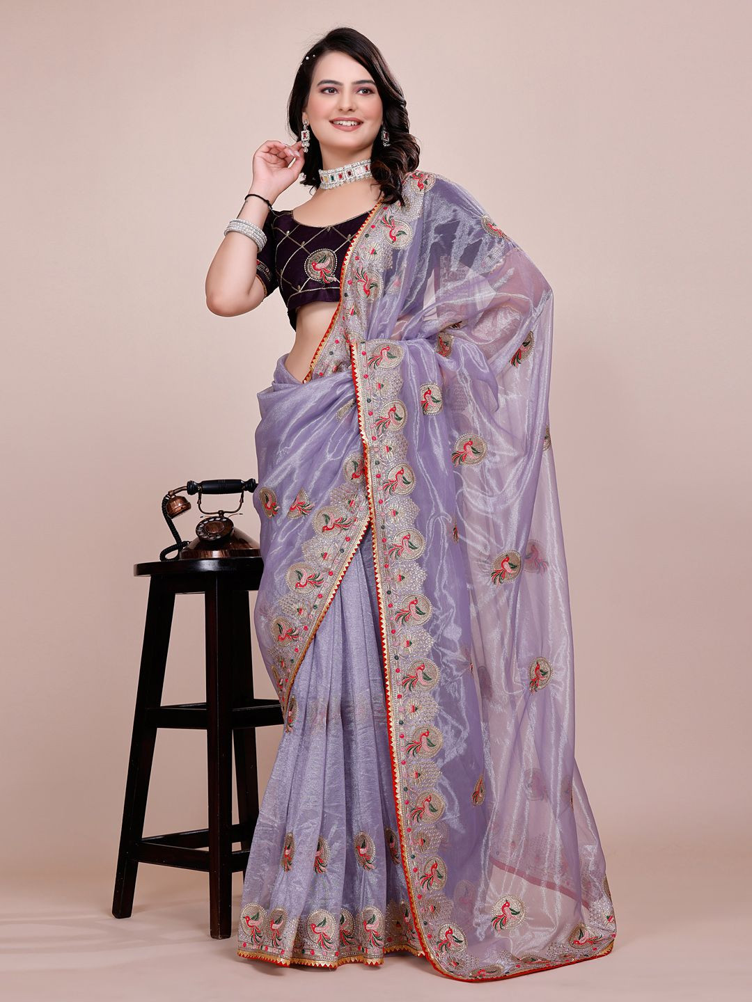 SILKWEAR Embellished Embroidered Supernet Heavy Work Baluchari Saree