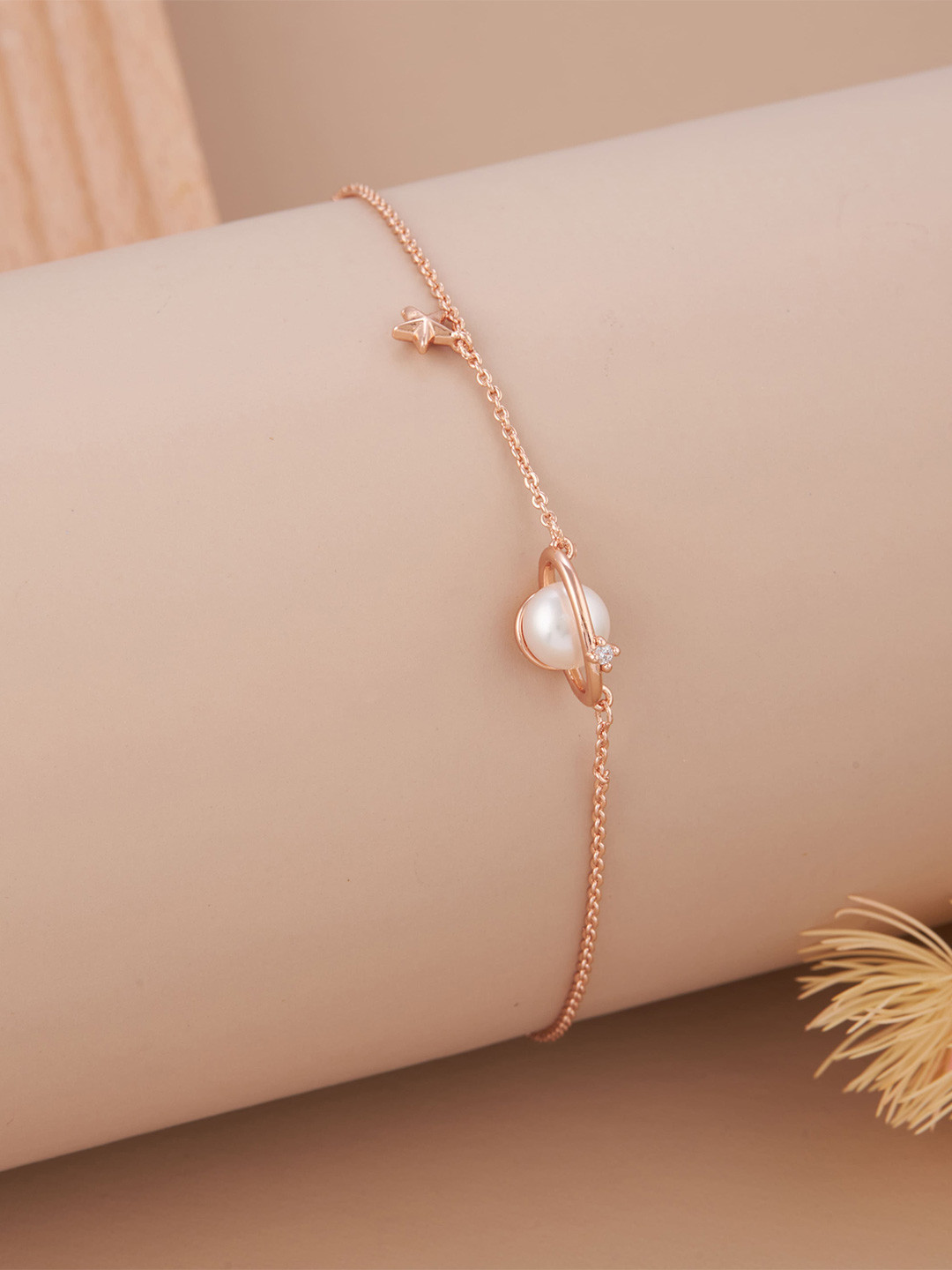 GC Jewelery Stainless Steel Rose Gold-Plated AD & Pearl Center Studded Wraparound Bracelet