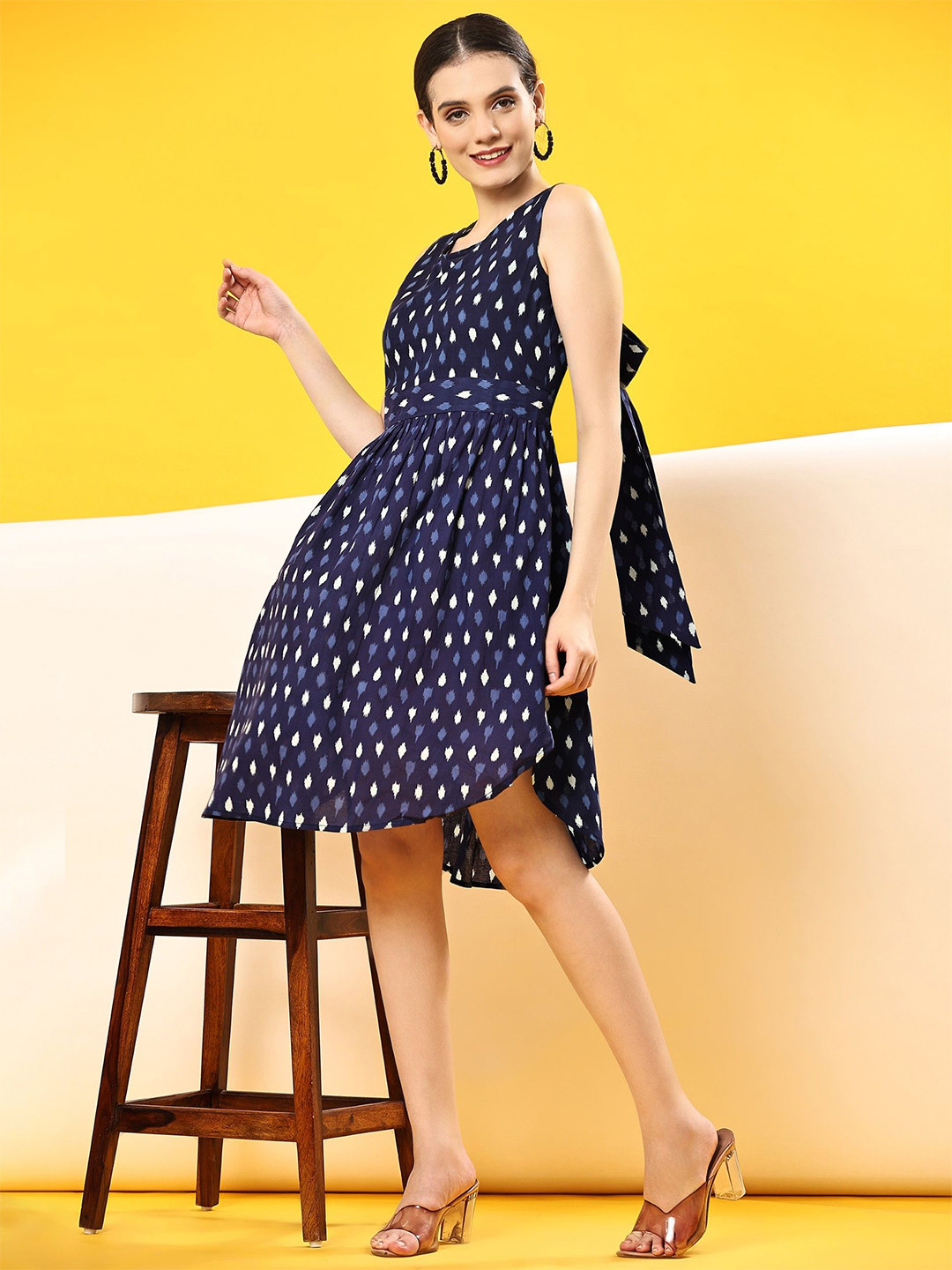 Flabae Women Back Bow Detailed Cotton Fit & Flare Mini Dress