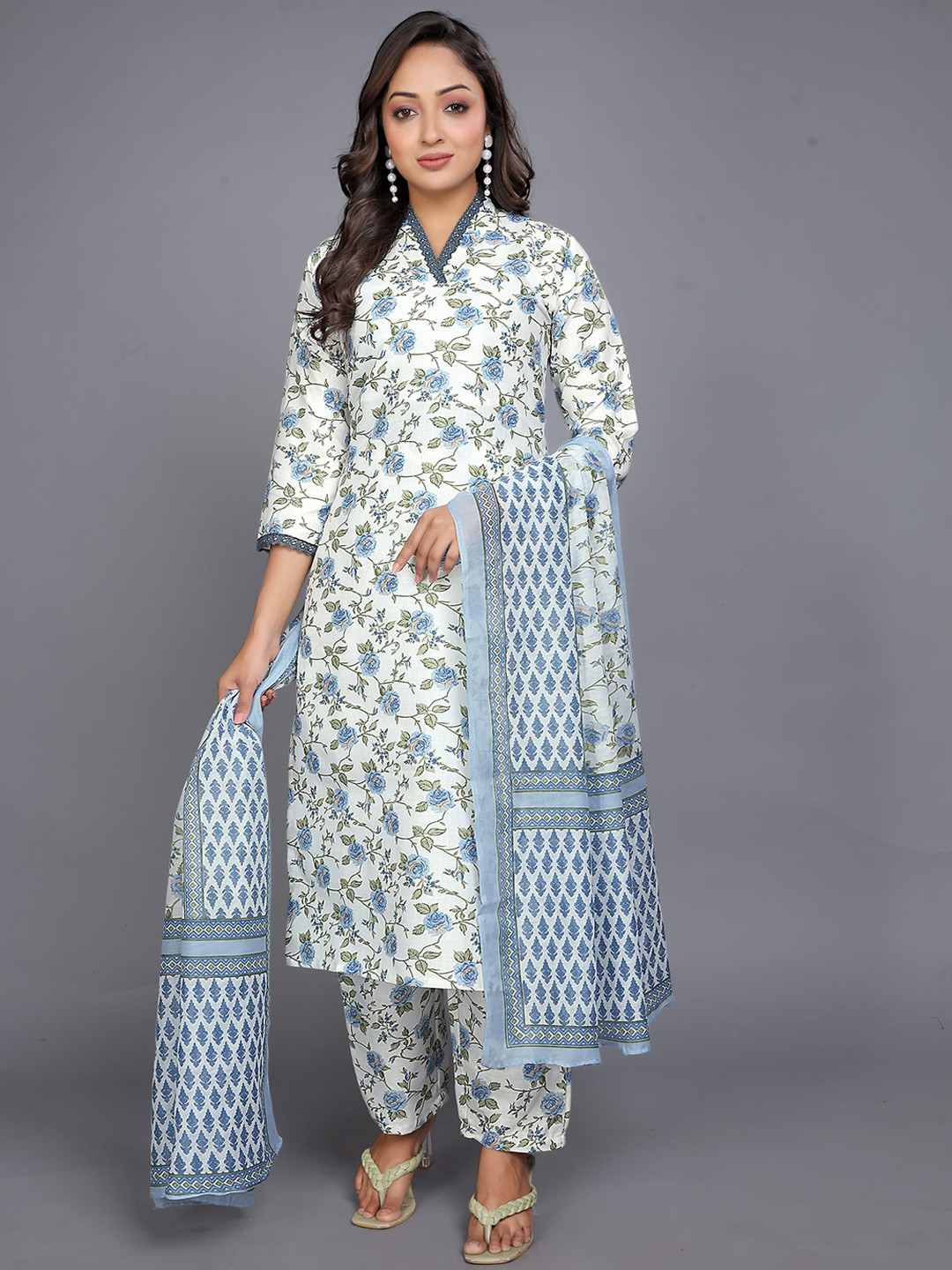 HI FI NX Floral Printed V-Neck Pure Cotton Straight Kurta With Trousers & Dupatta