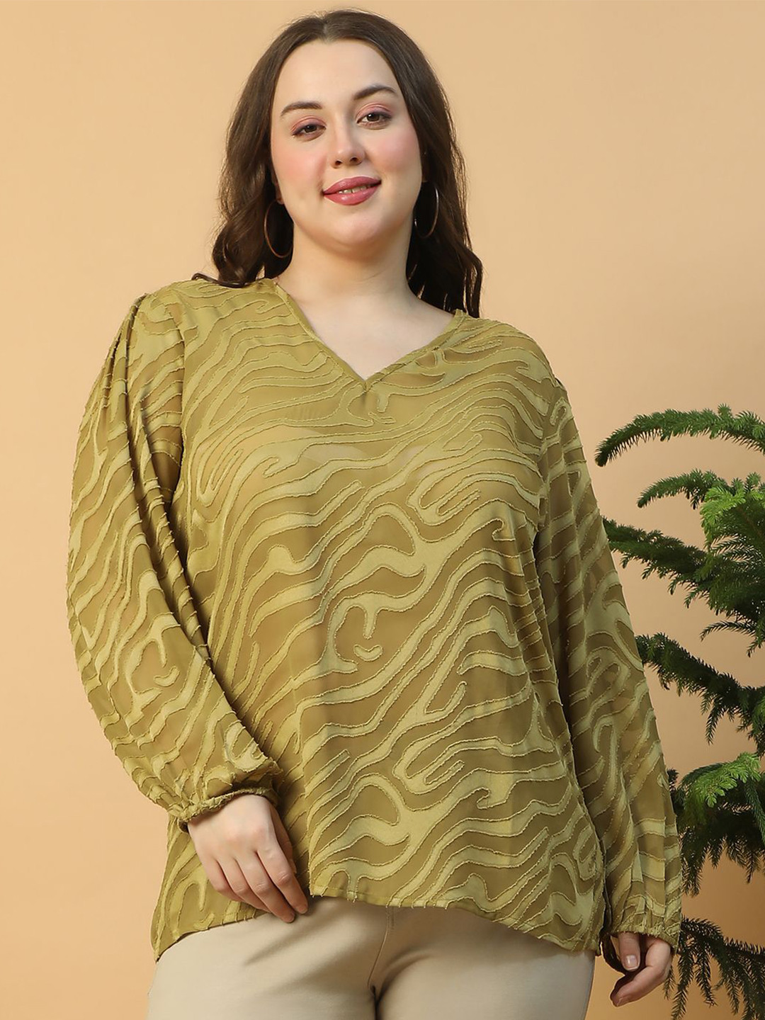 Oxolloxo Plus Size V-Neck Long Sleeve Dobby Meld Top