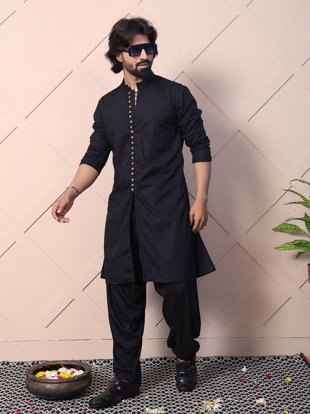 MIDAV Mandarin Collar Straight Pure Cotton Button-Loop Detailed Kurta