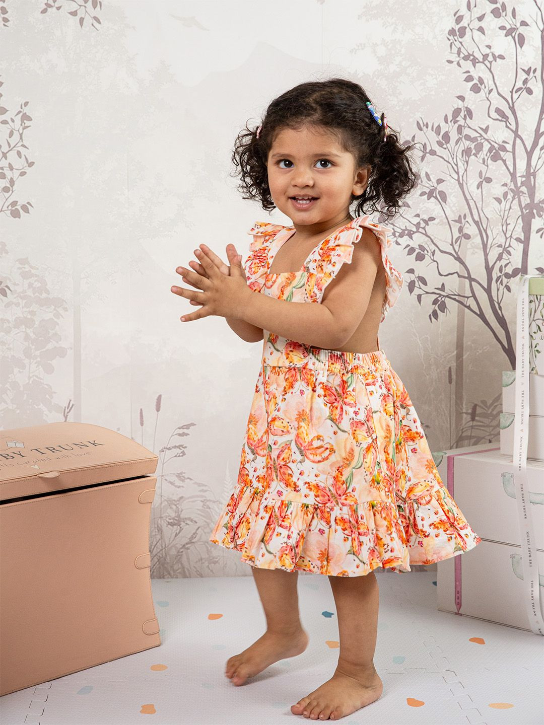 THE BABY TRUNK Baby Girl PinaFore Orange Printed Dress