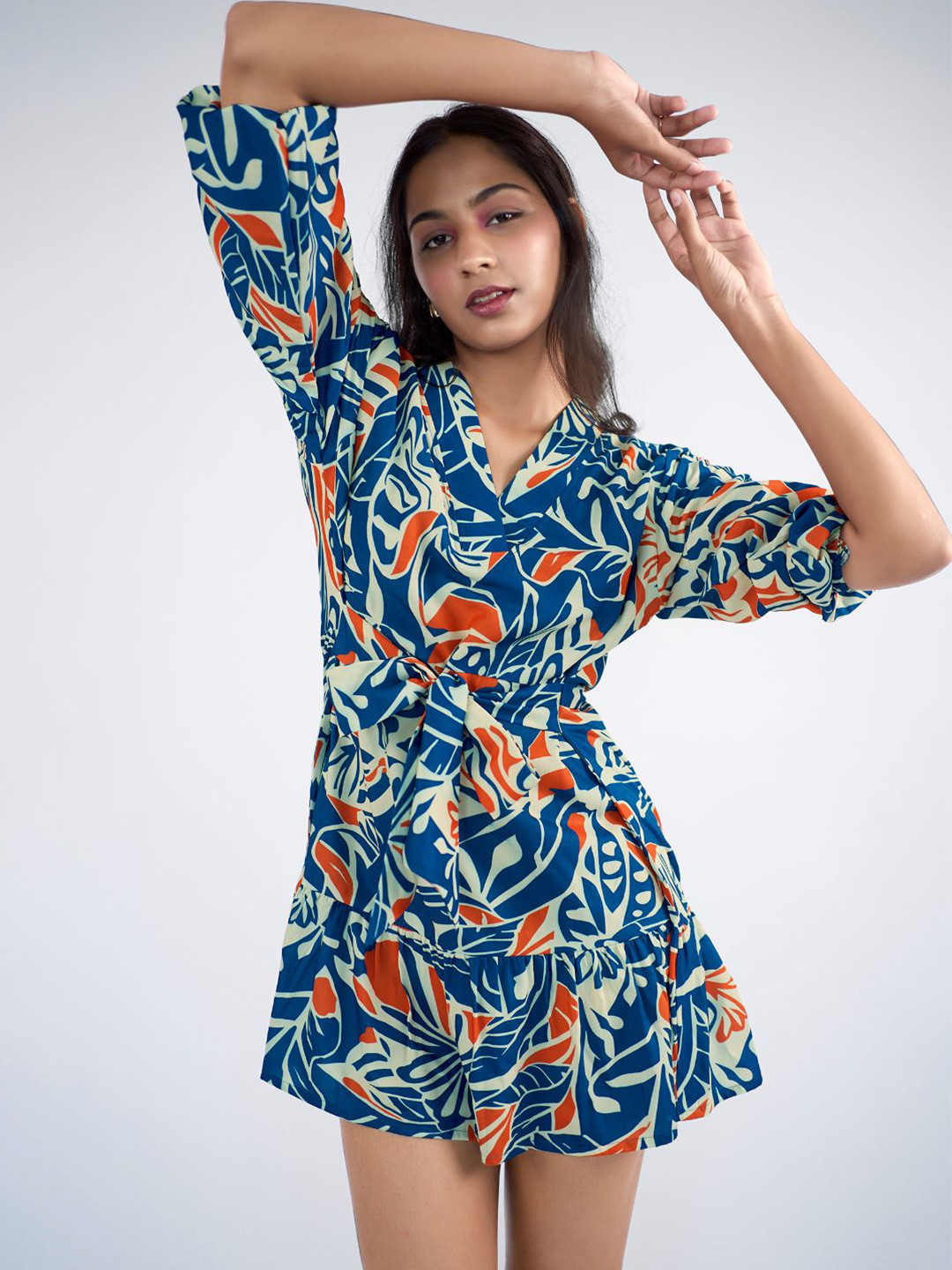 All Her Collective Tropical Print Roll-Up Sleeves Tie-Ups Detail Fit & Flare Mini Dress