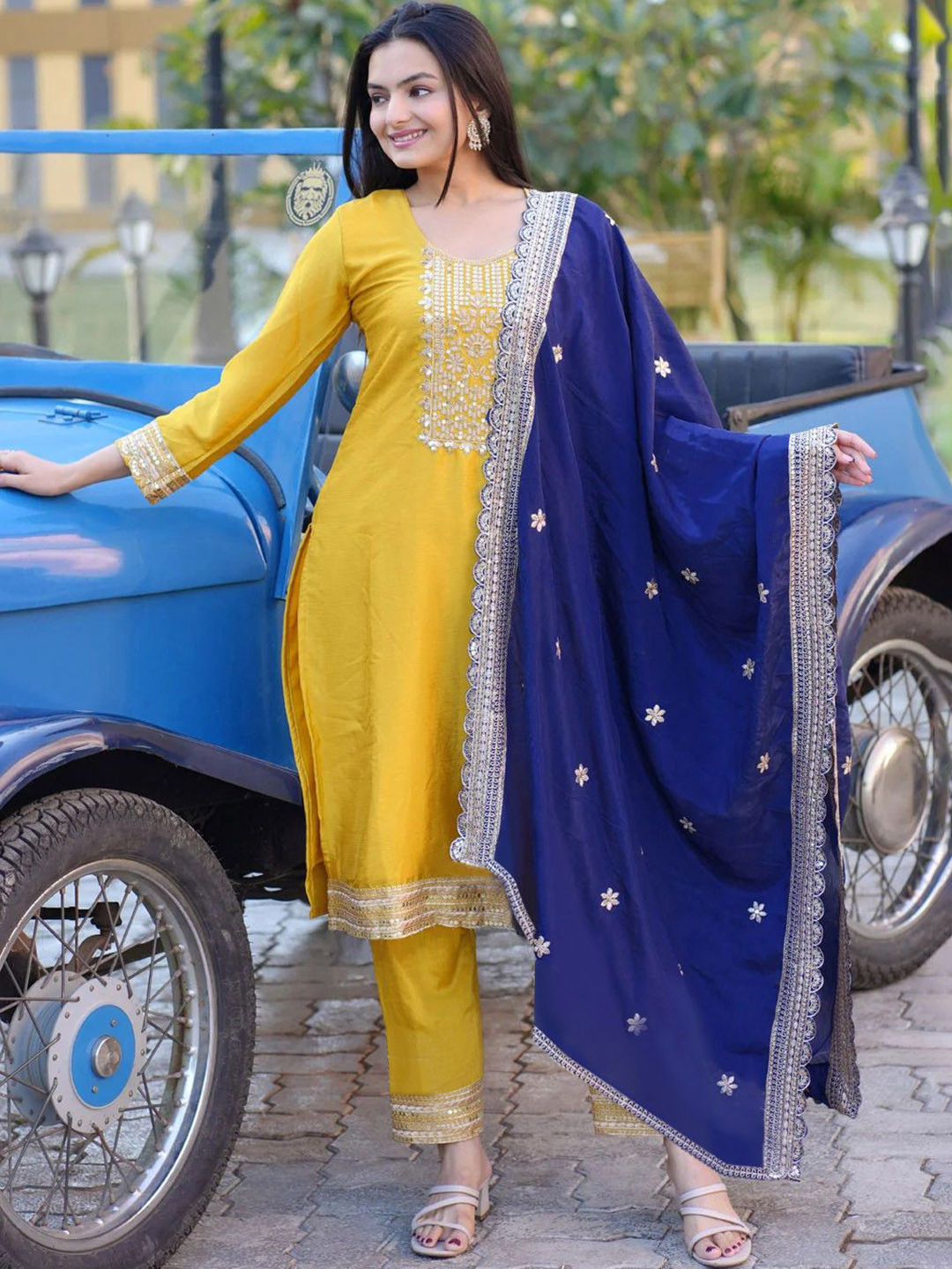 Moda Rapido Evergreen Floral Yoke Design Sequinned Kurta With Trousers & Dupatta