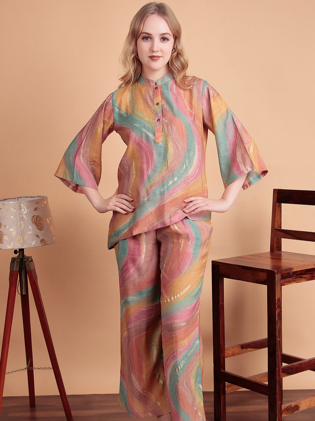 DARVI Aurora Swirl Printed Mandarin Collar Top With Palazzo