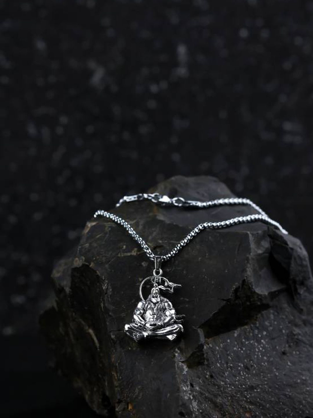 KRENOZ Men Silver-Plated Stainless Steel Shree Hanuman Ji Pendant With Chain