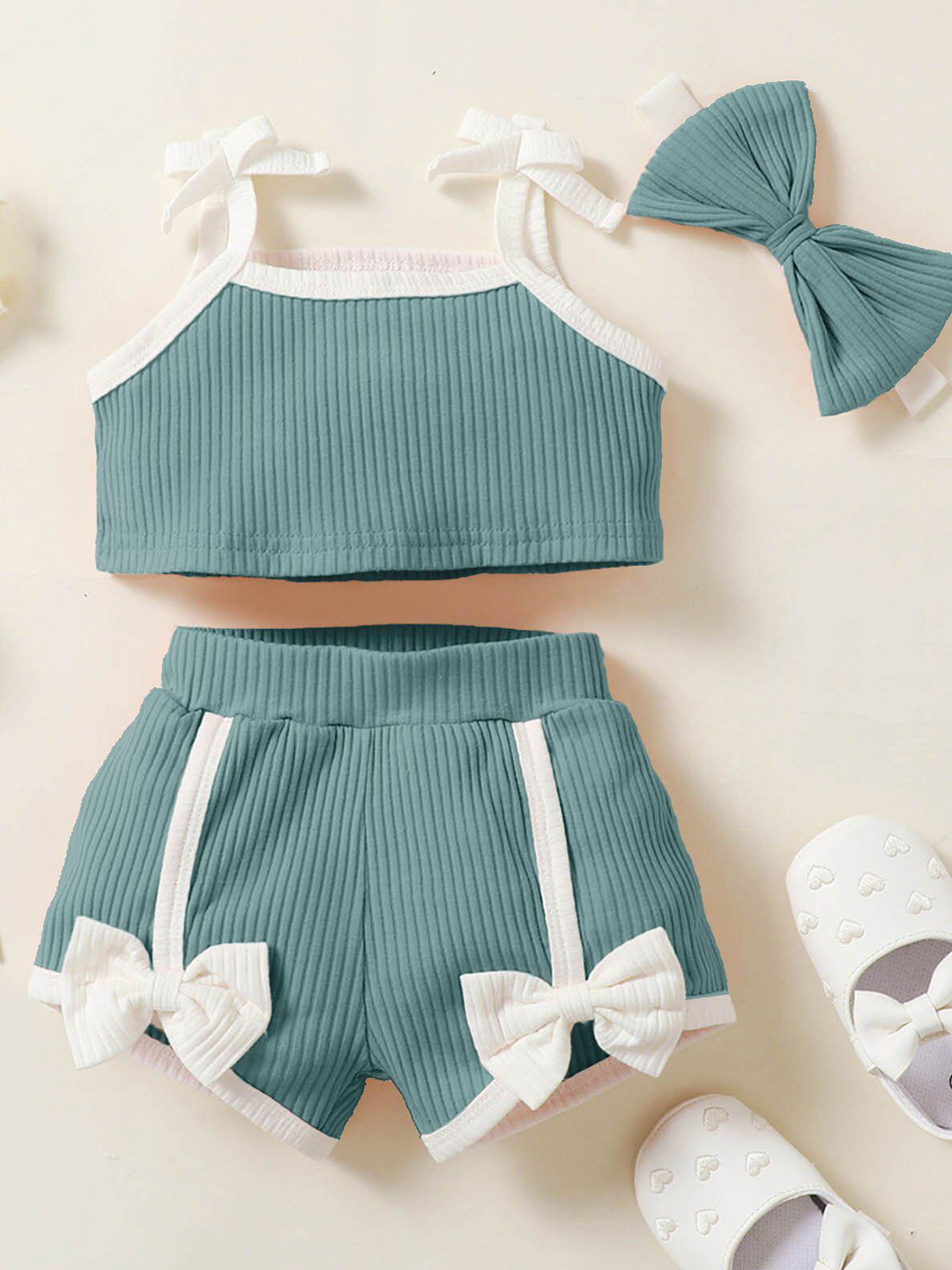 BAESD Girls Self Design Top With Bow Styled Shorts Set With Headband