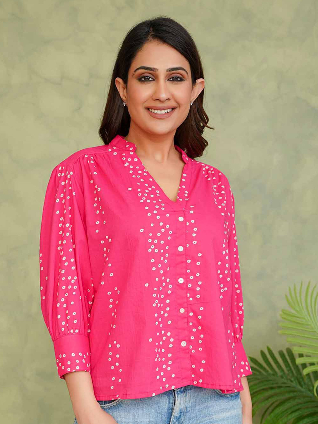 Label Ceres Bandhej V-Neck Gathered Pure  Print Cotton Top