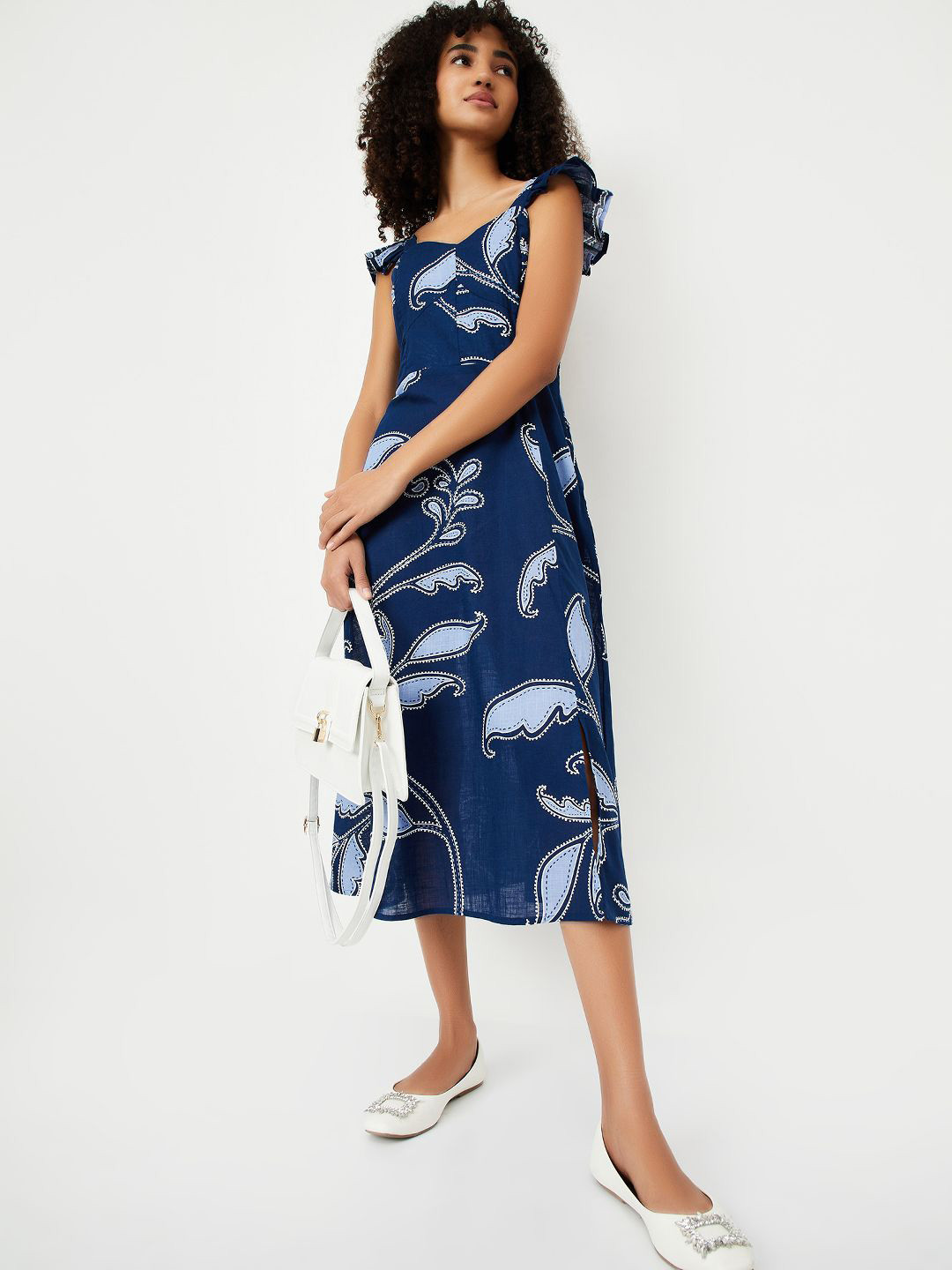 max Women Floral Print Smocked Fit and Flare Midi Dress With Slit