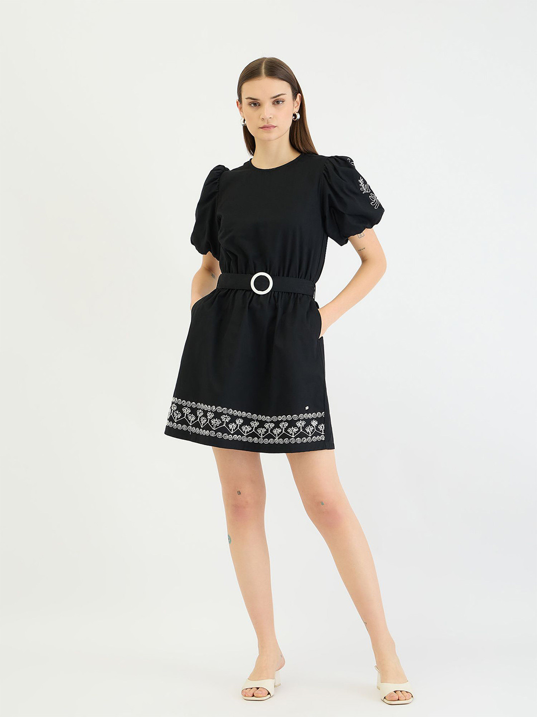 ELLE  Women Bleted Embroidered Puff Sleeve A-Line Dress