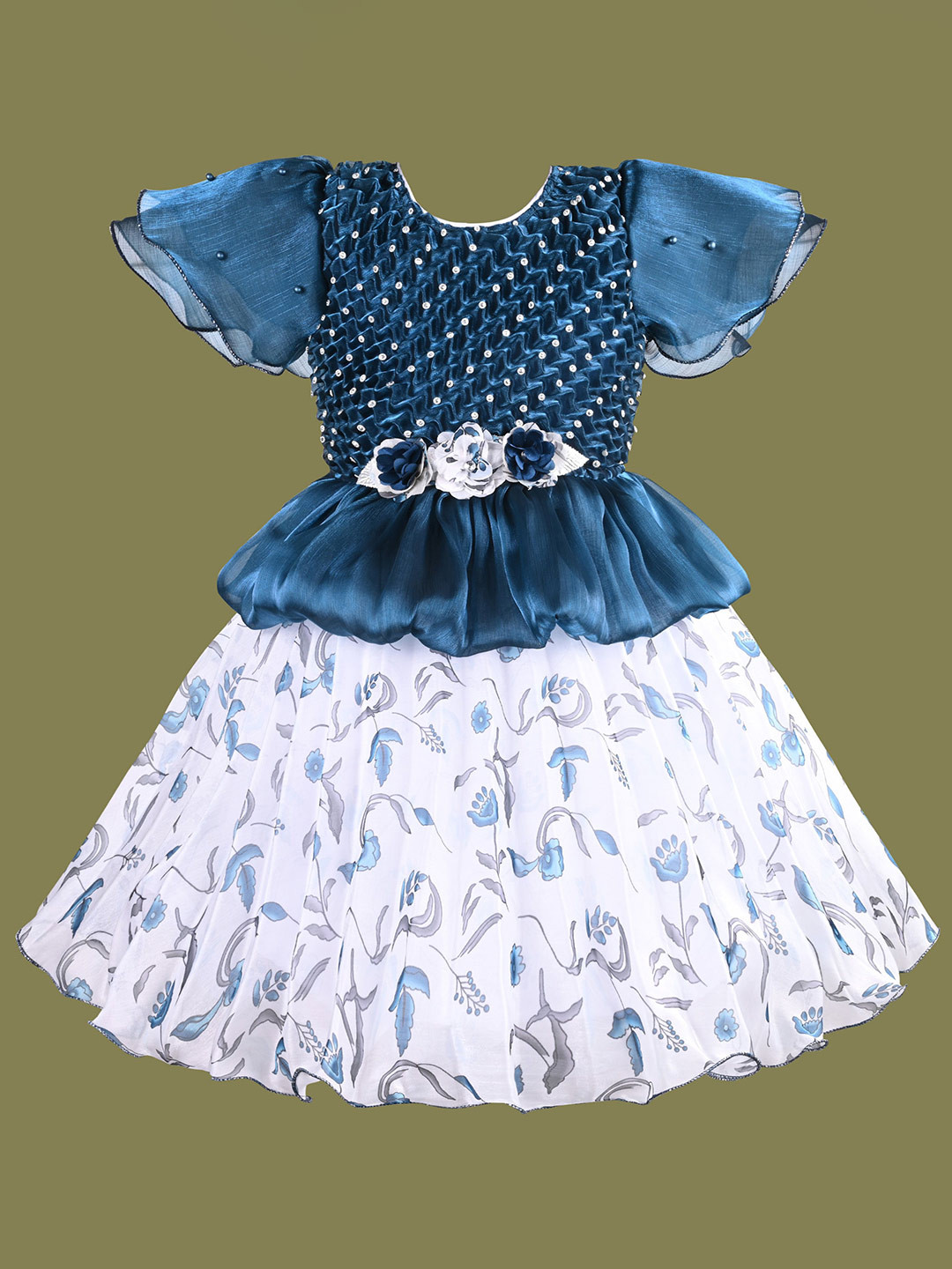 Wish Karo Girls Printed Floral Applique Detail Embellished Ruffle Sleeve Peplum Dress