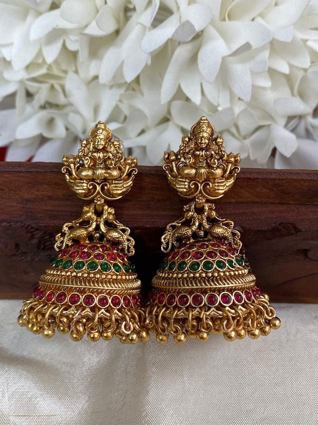 Crown Fabulous Jewellery Gold-Plated Stones Studded Dome Shaped Temple Jhumkas
