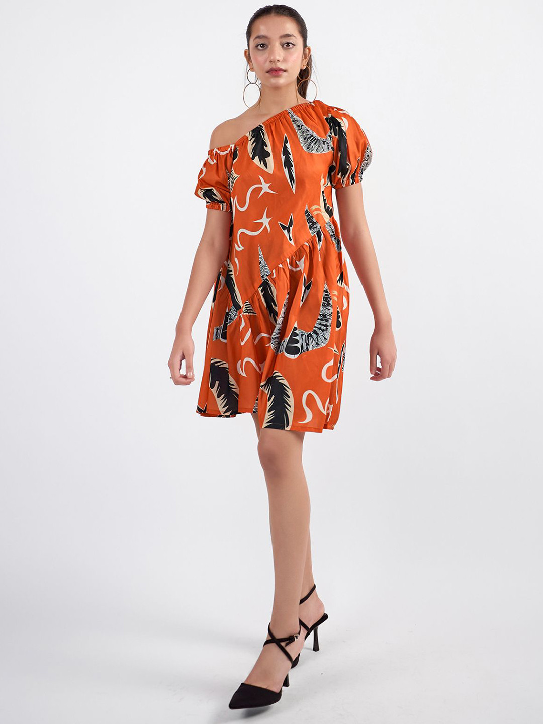 All Her Collective Printed One Shoulder Puff Sleeve Fit & Flare Mini Dress