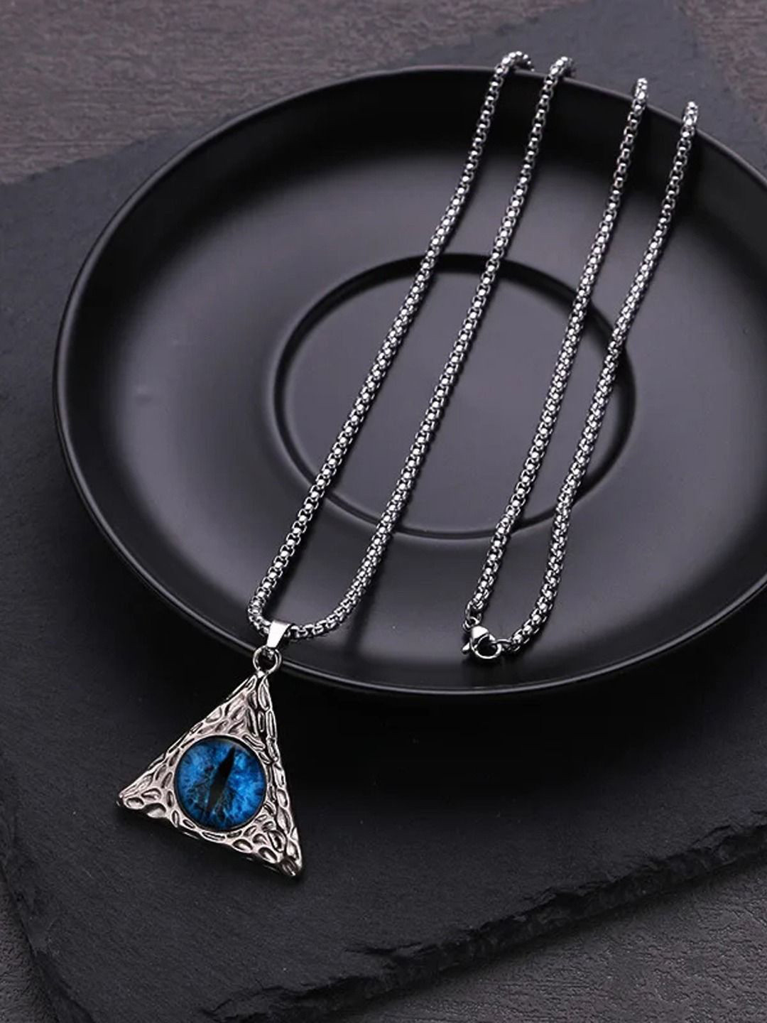 KRENOZ Men Silver-Plated Stainless Steel Stone Studded Triangular Evil Eye Pendant & Chain