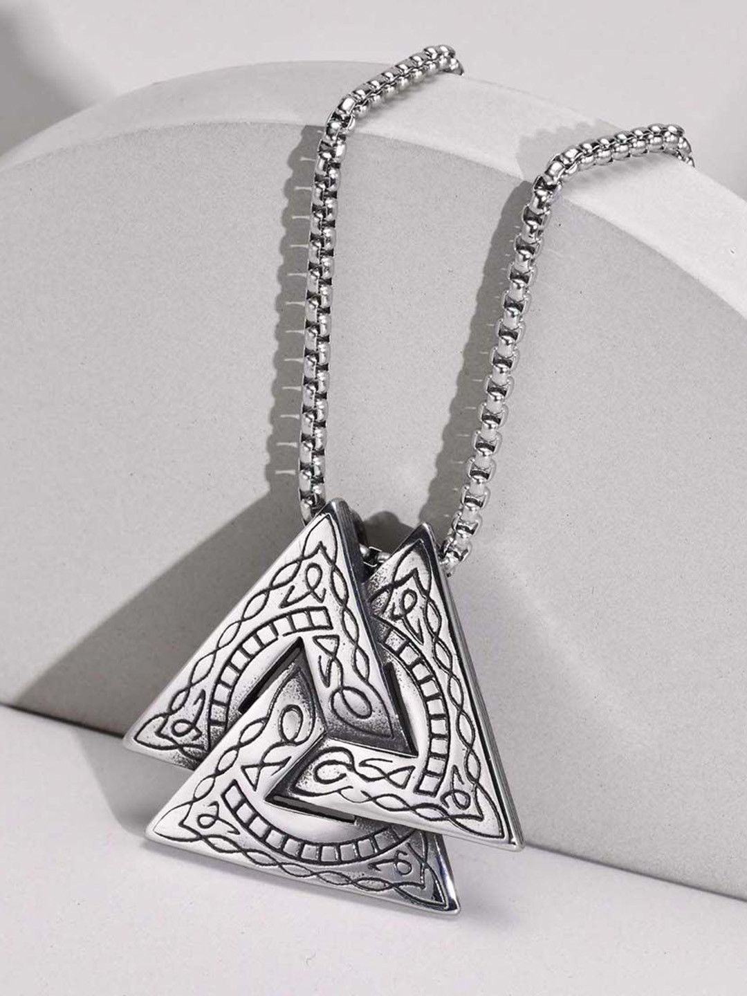 M Men Style Silver-Plated Biker Triangular Shaped Pendants With Chain