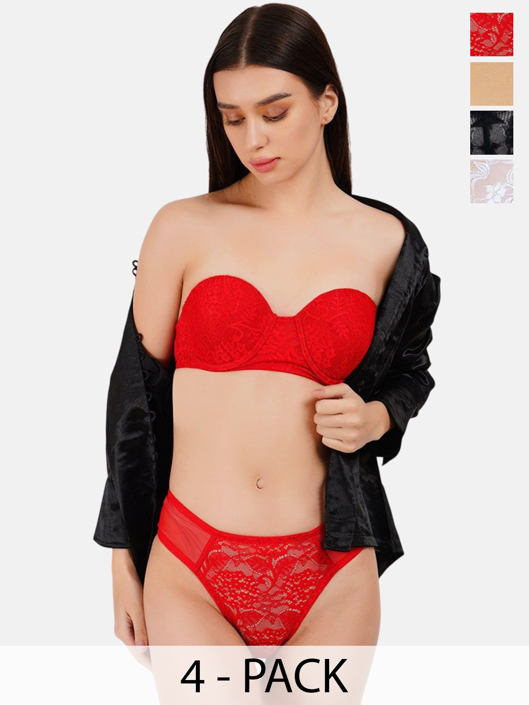 CURWISH Pack Of 4 Lace Mid-Rise Self Design Bikini Briefs P4L-07