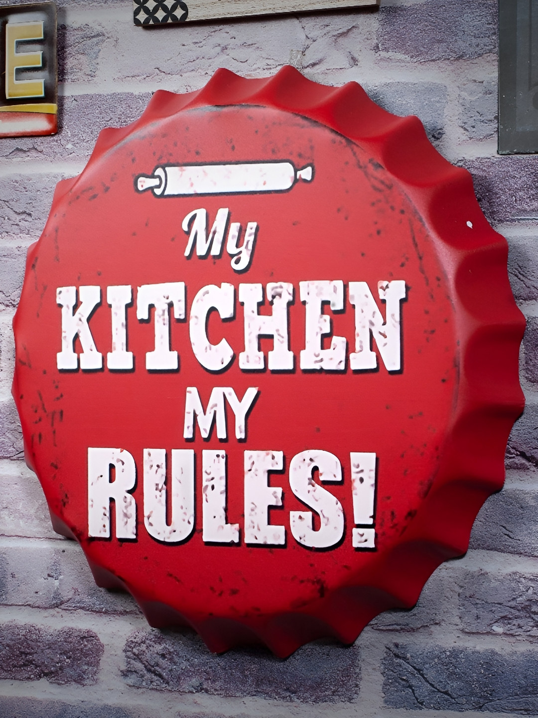 eazy wagon Red & White My Kitchen My Rules Printed Metal Bottle Caps Wall Hangings