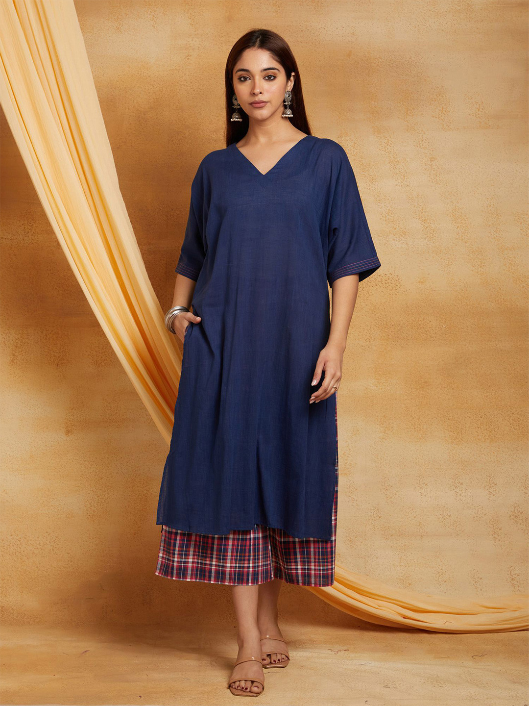 CYAN V-Neck Straight Dobby Cotton Kurta