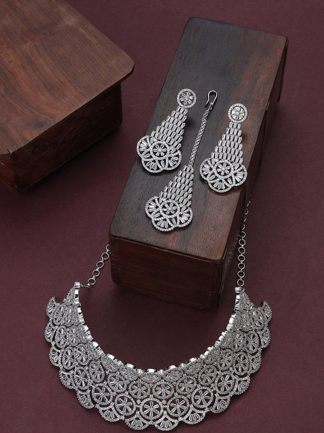 Opal Touch Rhodium Plated American Diamond Studded Jewellery Set