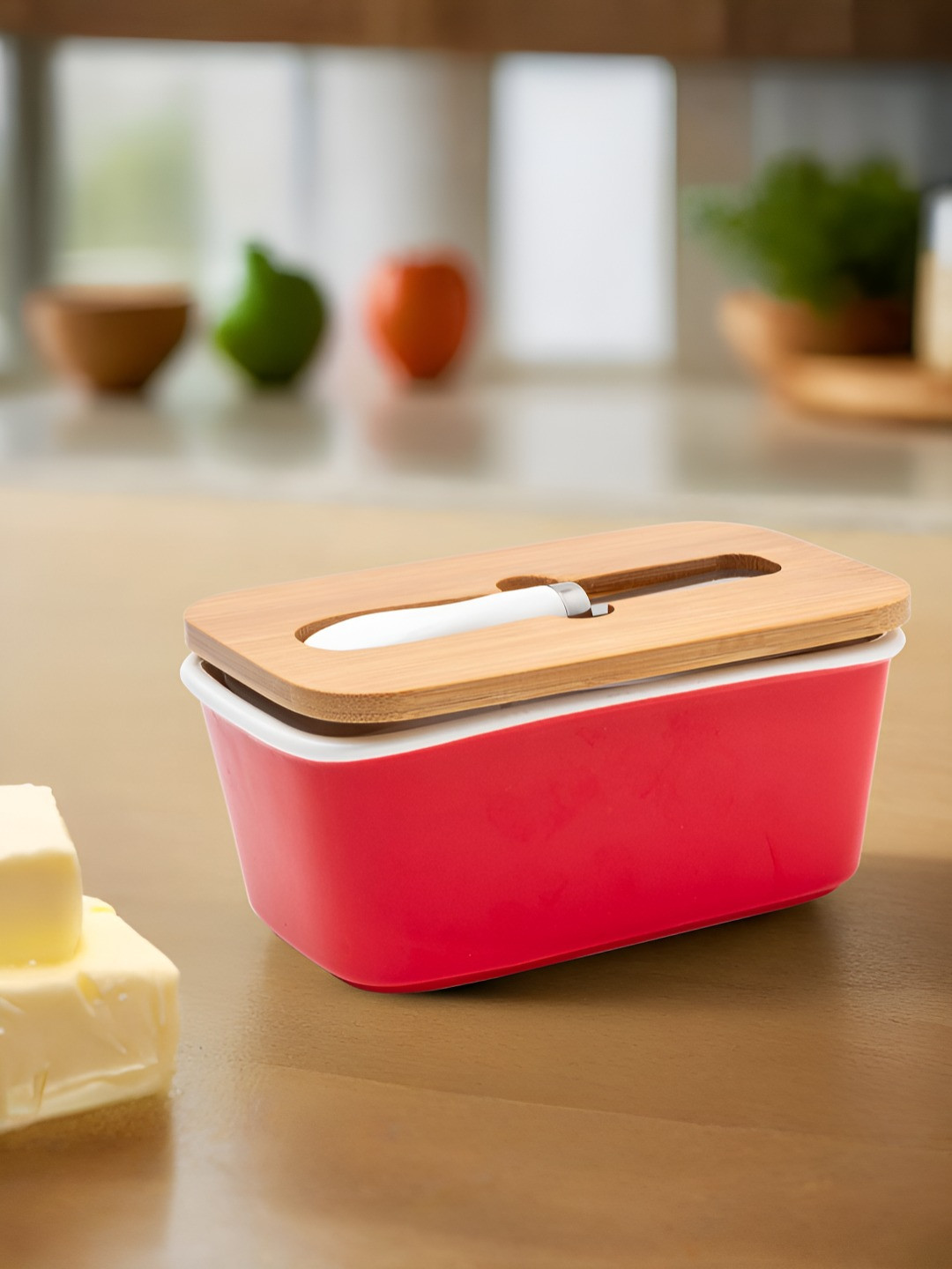 The Better Home Red & Brown Ceramic Butter Dish With Bamboo Lid & Knife