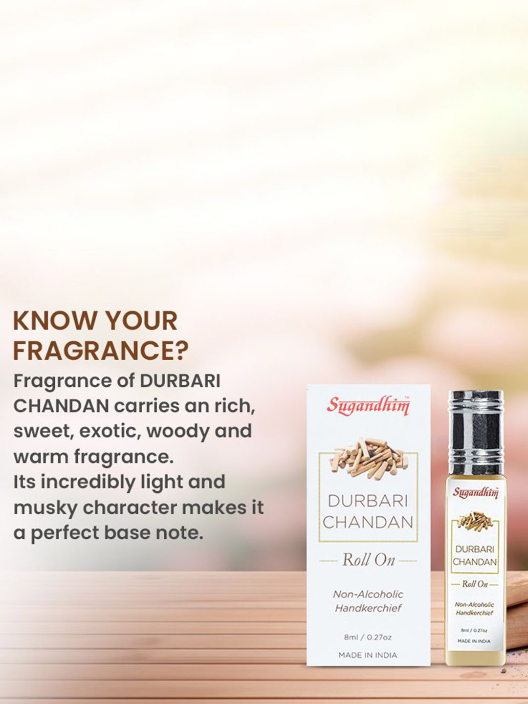 Sugandhim Durbari Chandan Roll-On Fragrance Non-Alcoholic Travel-Friendly Sandalwood - 8ml