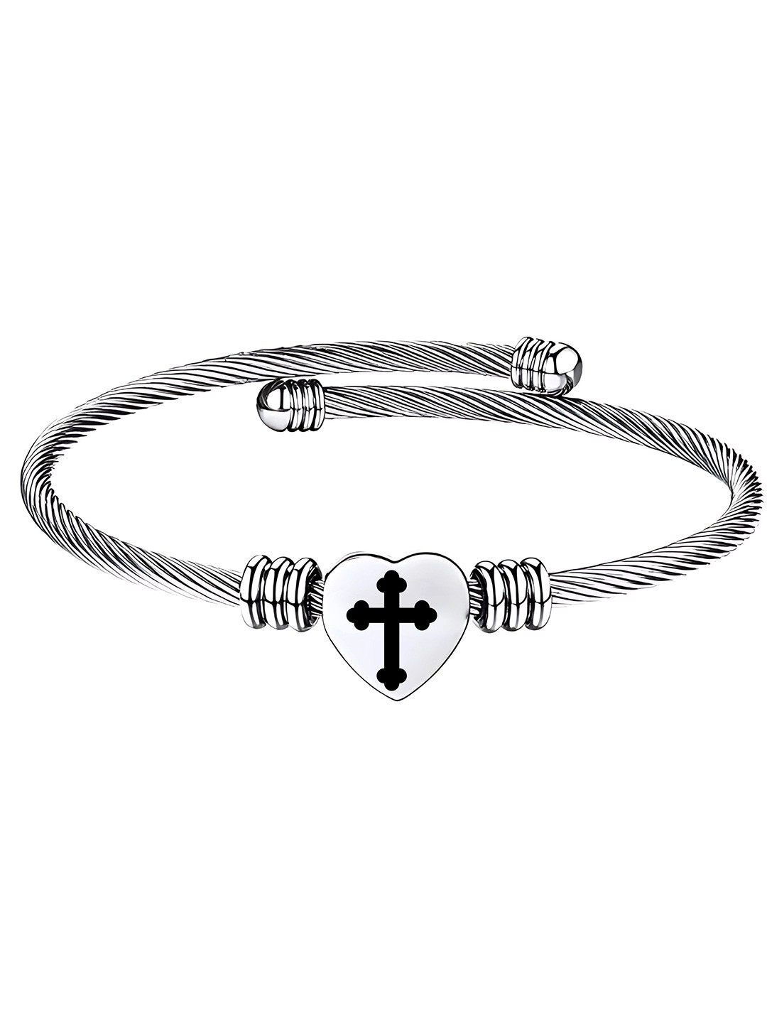 M Men Style Silver-Plated Stainless Steel Engraved Cross Charm Bracelet