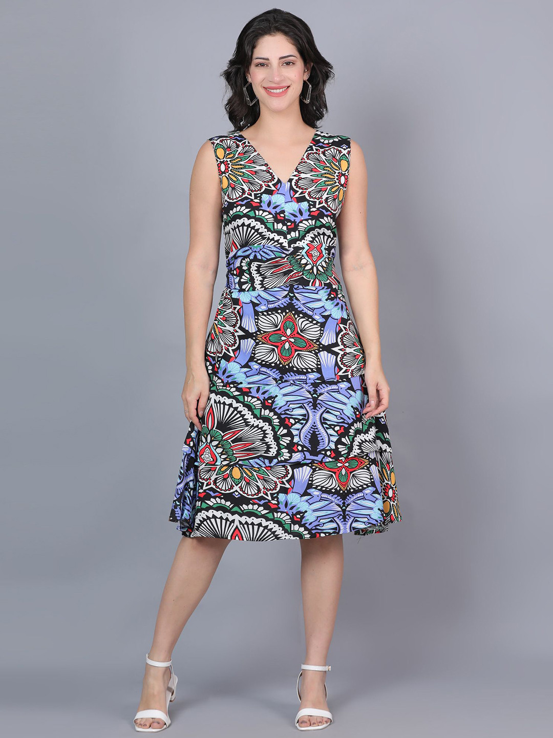 ROSEMELON Women Print V-Neck Sleeveless A-Line Dress