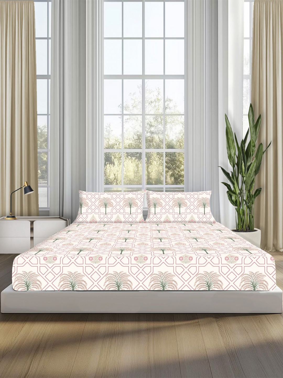 Sleepsia Jaipuri Maze White Ethnic Motifs Pure Cotton Breathable 180 TC Queen Fine Bedsheet with 2 Pillow Covers-100 x 90 inches