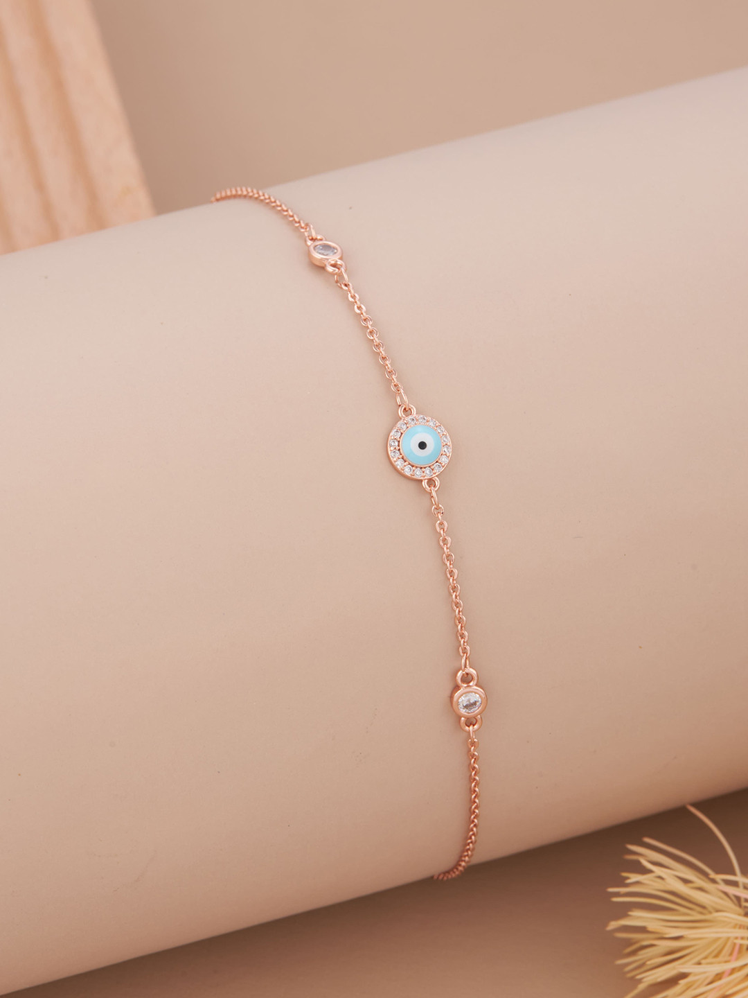 GC Jewelery Stainless Steel Rose Gold-Plated AD Studded Evil Eye Wraparound Bracelet
